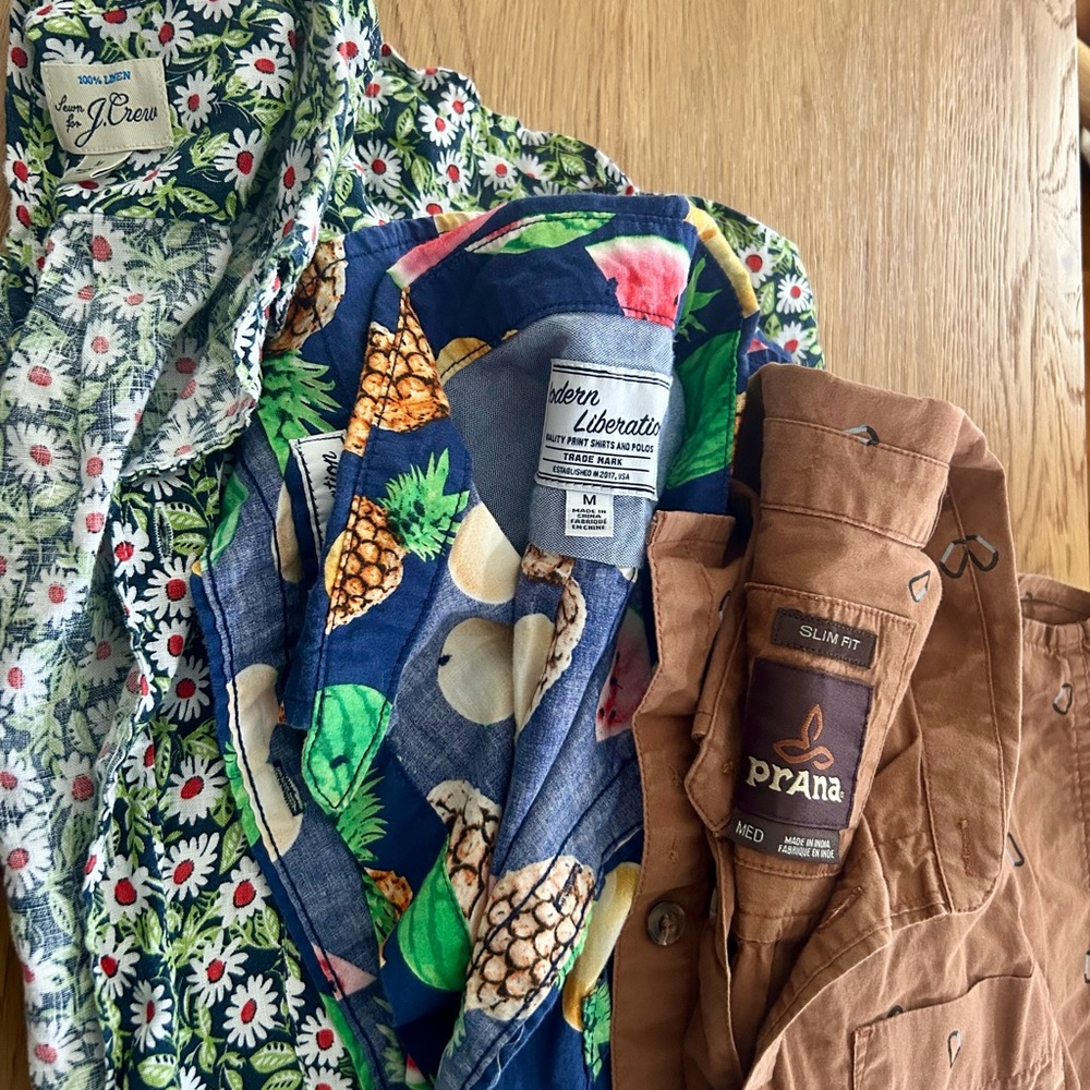 Short sleeved button down shirt bundle, size M. Prana, J Crew, Modern Liberation